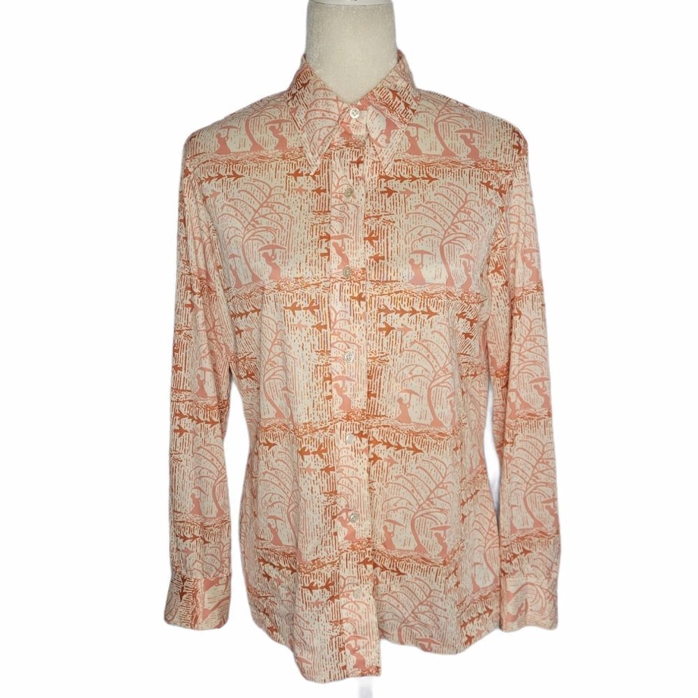 VINTAGE 60s/70s Vera Neumann peach novelty print button up disco collar top M‎